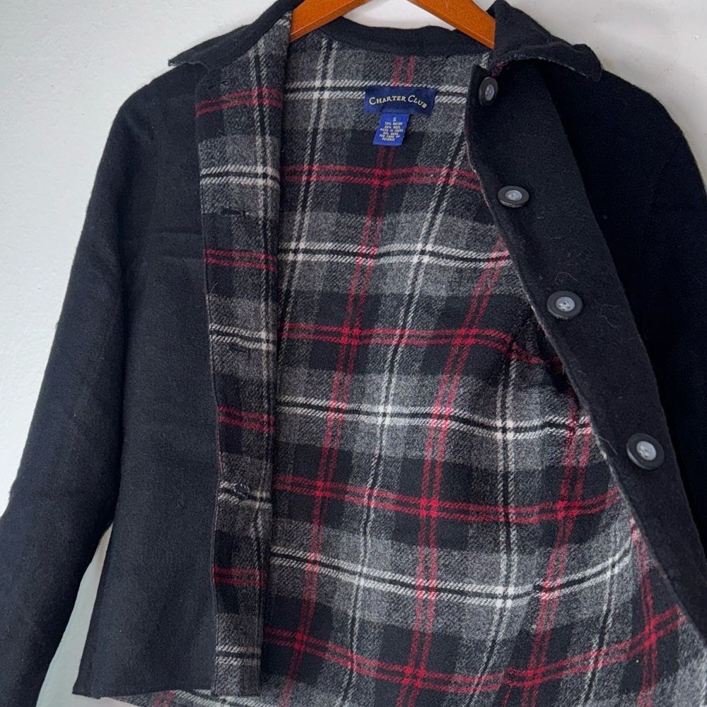 CHARTER CLUB Wool Jacket Long Sleeve Reversible Black/Plaid Button Front Small